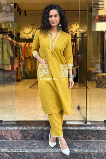 Slub Cotton Kurti Pant Set with Embroidery & Lace Work – Festive & Office Wear SA1025-1278