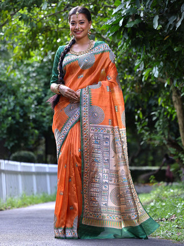 Madhubani Printed Tussar Silk Kalamkari Sari SA125-094
