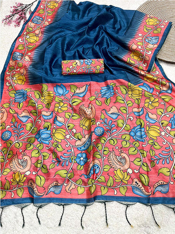Beautiful Lotus Printed Soft Tussar Silk Kalamkari Sari SA125-112