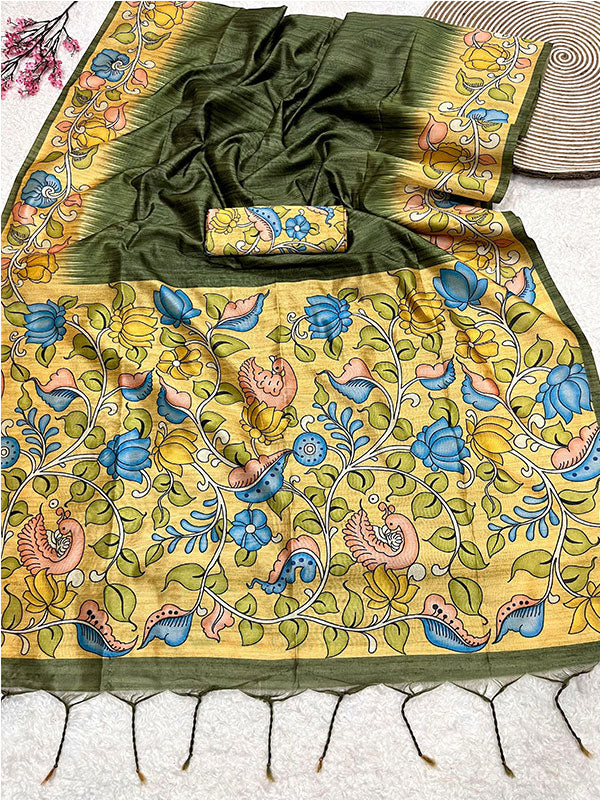 Beautiful Lotus Printed Soft Tussar Silk Kalamkari Sari SA125-113