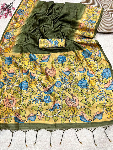 Beautiful Lotus Printed Soft Tussar Silk Kalamkari Sari SA125-113