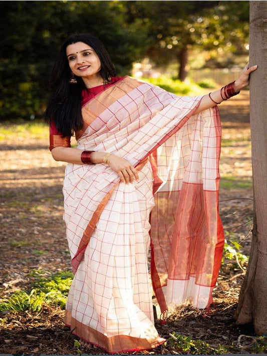 White Linen Digital Printed Sari with Gold Jari Border SA125-188
