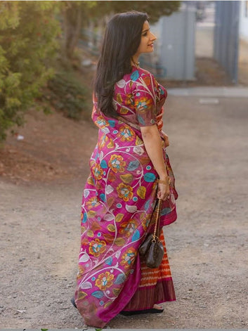 Orange Floral Linen Printed Sari with Gold Zari Border SA125-186