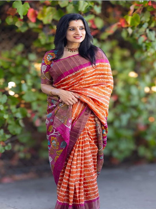 Orange Floral Linen Printed Sari with Gold Zari Border SA125-186