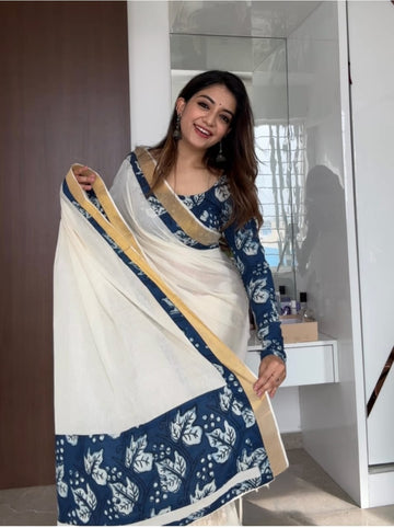 Celebrate Onam in Grace – Traditional Linen digital print Saree SA825-919