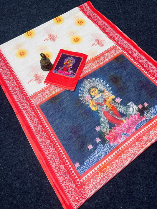 Red Devi – Durga Puja Special LinenSaree with Digital Print SA825-982