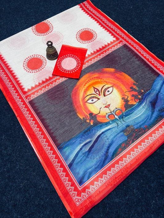 Red Devi – Durga Puja Special LinenSaree with Digital Print SA825-980