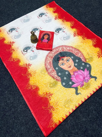 Red Devi – Durga Puja Special LinenSaree with Digital Print SA825-985