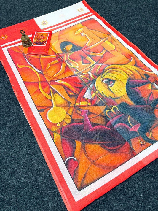 Red Devi – Durga Puja Special LinenSaree with Digital Print SA825-983