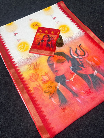 Red Devi – Durga Puja Special LinenSaree with Digital Print SA825-988