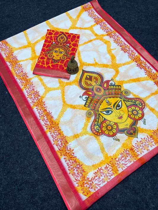 Red Devi – Durga Puja Special LinenSaree with Digital Print SA825-987