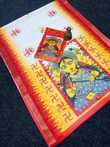 Red Devi – Durga Puja Special LinenSaree with Digital Print SA825-991