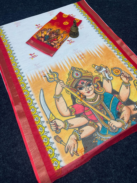 Red Devi – Durga Puja Special LinenSaree with Digital Print SA825-989