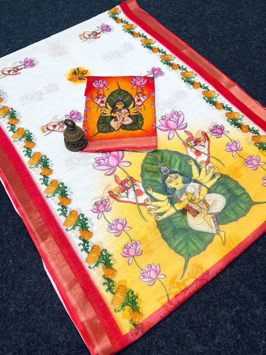 Red Devi – Durga Puja Special LinenSaree with Digital Print SA825-993