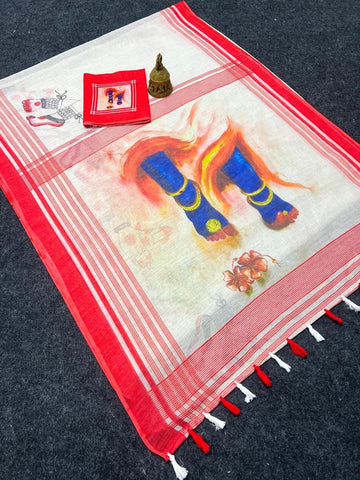 Red Devi – Durga Puja Special LinenSaree with Digital Print SA825-1000