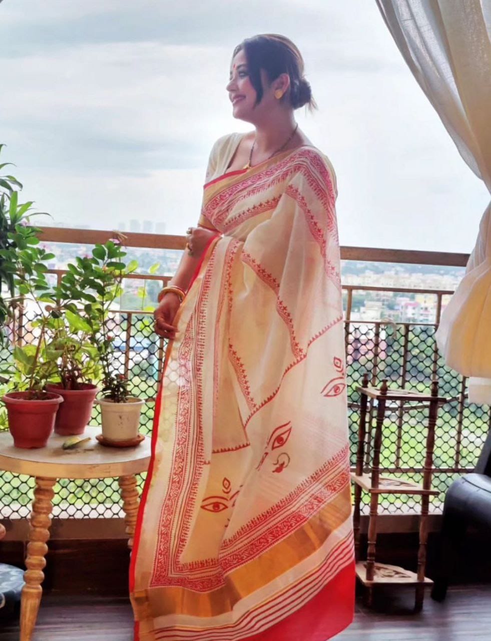 Red Devi – Durga Puja Special LinenSaree with Digital Print SA825-1005