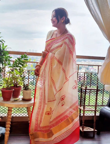 Red Devi – Durga Puja Special LinenSaree with Digital Print SA825-1005