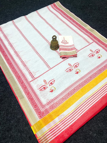Red Devi – Durga Puja Special LinenSaree with Digital Print SA825-1006