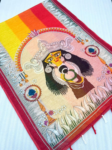 Red Devi – Durga Puja Special LinenSaree with Digital Print SA825-1014