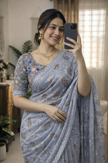 Beautiful 60 Gram Foil Print Embroidery Net Saree SA126-1734