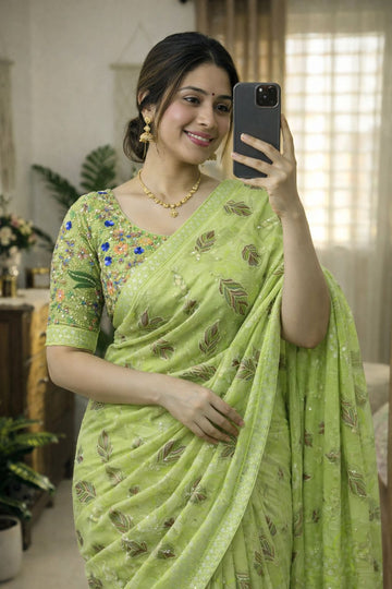 Beautiful 60 Gram Foil Print Embroidery Net Saree SA126-1733