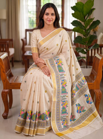 Onam Special Linen Saree | Elegant Traditional Saree for Festive Wear SA826-2039