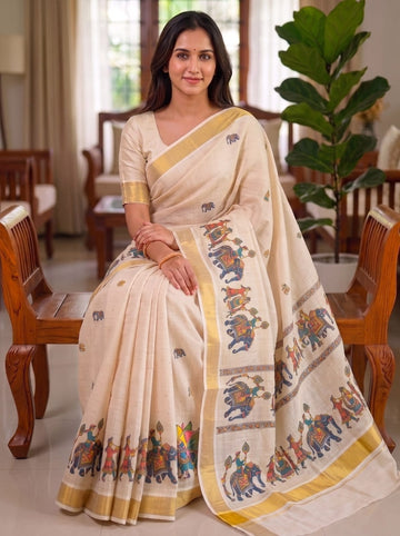 Onam Special Linen Saree | Elegant Traditional Saree for Festive Wear SA826-2040