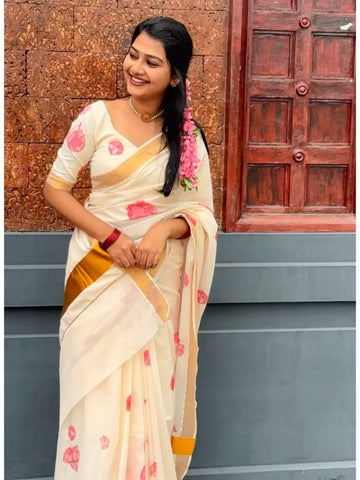 Onam Special Linen Saree | Elegant Traditional Saree for Festive Wear SA826-2041