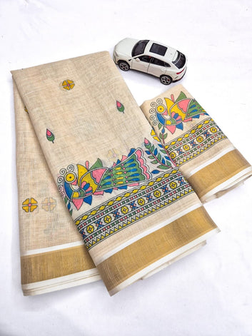 Onam Special Linen Saree | Elegant Traditional Saree for Festive Wear SA826-2039