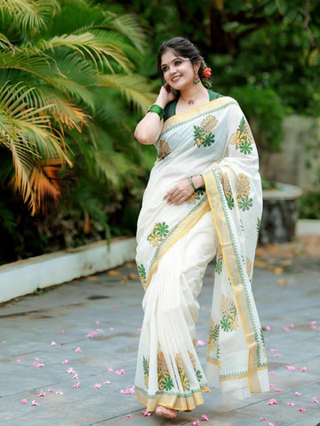 Onam Special Linen Saree | Elegant Traditional Saree for Festive Wear SA826-2027