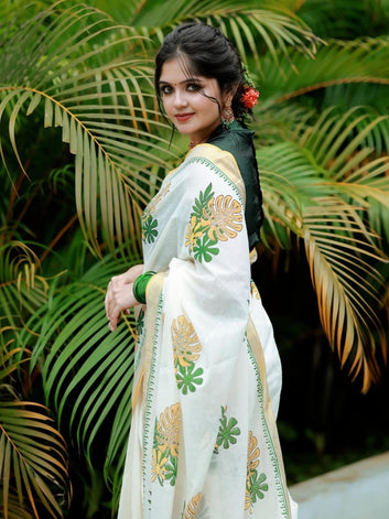Onam Special Linen Saree | Elegant Traditional Saree for Festive Wear SA826-2027