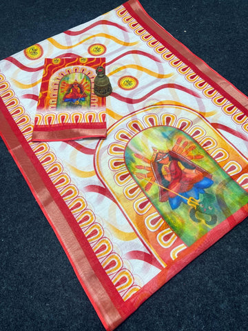 Red Devi – Durga Puja Special LinenSaree with Digital Print SA825-990