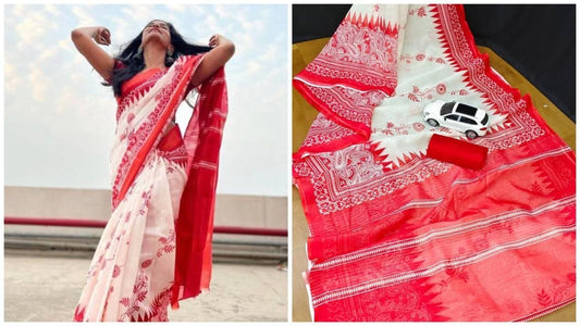 Red Devi – Durga Puja Special LinenSaree with Digital Print SA825-1012
