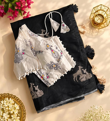 Premium Chanderi Saree with Embroidery & Cotton Tassels Embroidered Blouse SA826-2138