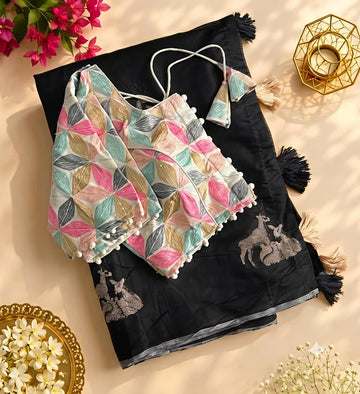 Premium Chanderi Saree with Embroidery & Cotton Tassels Embroidered Blouse SA826-2140