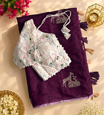 Premium Chanderi Saree with Embroidery & Cotton Tassels Embroidered Blouse SA826-2140