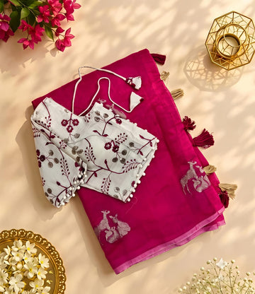 Premium Chanderi Saree with Embroidery & Cotton Tassels Embroidered Blouse SA826-2141