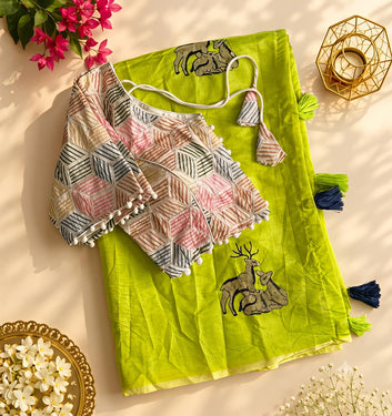 Premium Chanderi Saree with Embroidery & Cotton Tassels Embroidered Blouse SA826-2141
