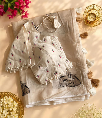 Premium Chanderi Saree with Embroidery & Cotton Tassels Embroidered Blouse SA826-2138