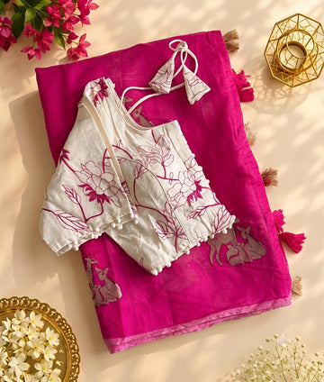 Premium Chanderi Saree with Embroidery & Cotton Tassels Embroidered Blouse SA826-2139