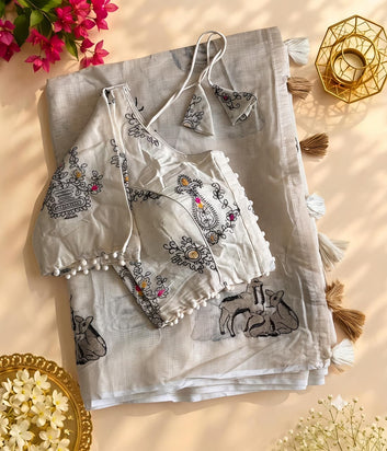 Premium Chanderi Saree with Embroidery & Cotton Tassels Embroidered Blouse SA826-2139