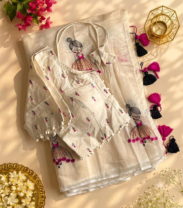 Chanderi Saree with Doll Embroidery & Cotton Tassels Embroidered Blouse SA826-2142