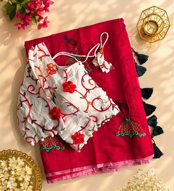 Chanderi Saree with Doll Embroidery & Cotton Tassels Embroidered Blouse SA826-2142
