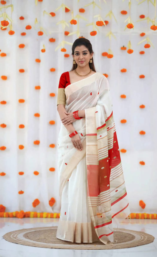Kerala Style Onam Linen with Gold Jari 5×5 border SA825-921