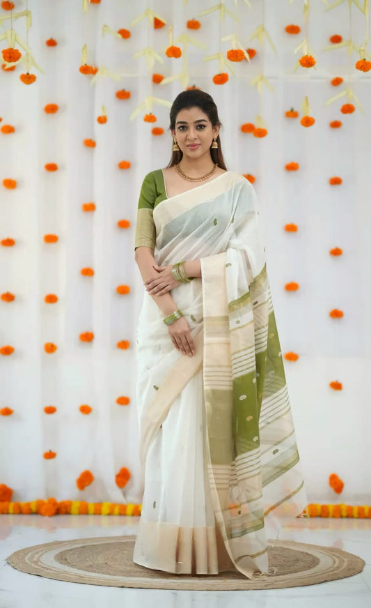 Kerala Style Onam Linen with Gold Jari 5×5 border SA825-923