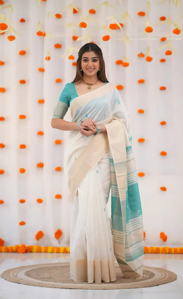 Kerala Style Onam Linen with Gold Jari 5×5 border SA825-924
