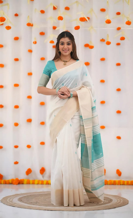 Kerala Style Onam Linen with Gold Jari 5×5 border SA825-924