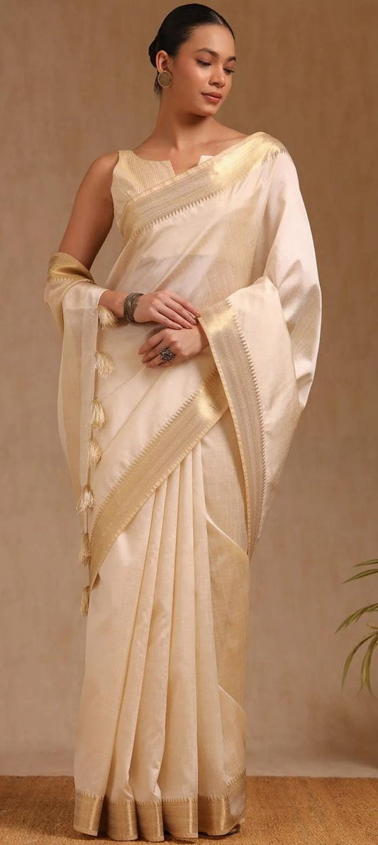 Traditional Tussar Silk Saree with Gold Border & Stylish Chit Pallu SA825-959