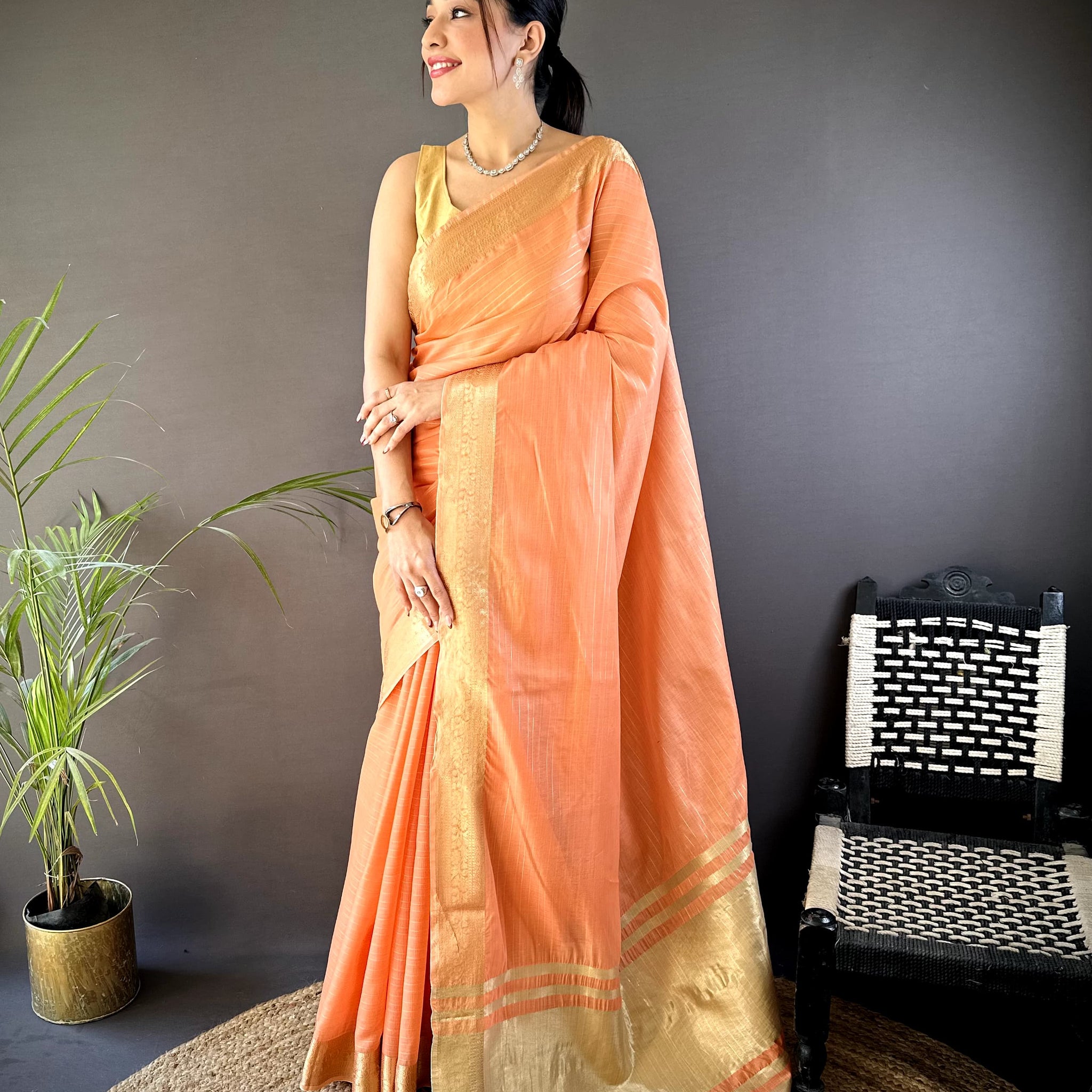 Celebrate Onam – Elegant Cotton Saree with Zari Checks & Rich Lagadi Zari Pallu SA825-969
