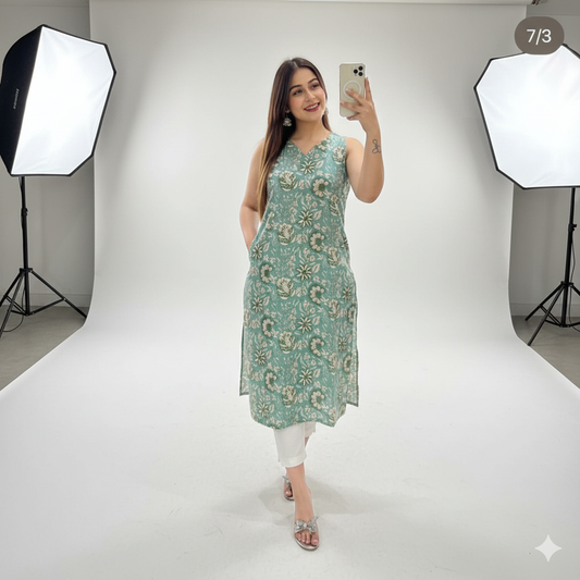 Sleeveless Cotton Printed Kurti – Regular & Office Wear | Sizes M-XXL SA925-1248